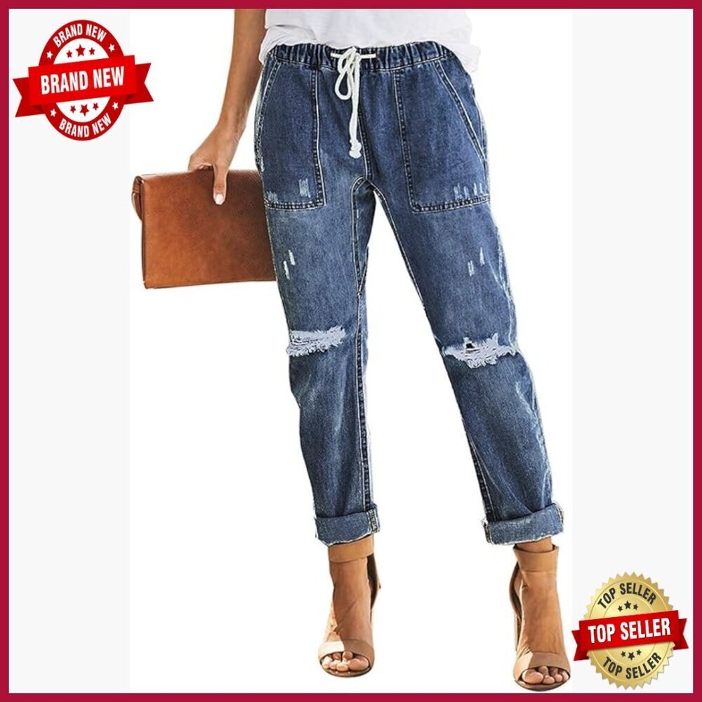 High Waisted Drawstring Cargo Joggers Ripped Denim Pants Elastic Waist